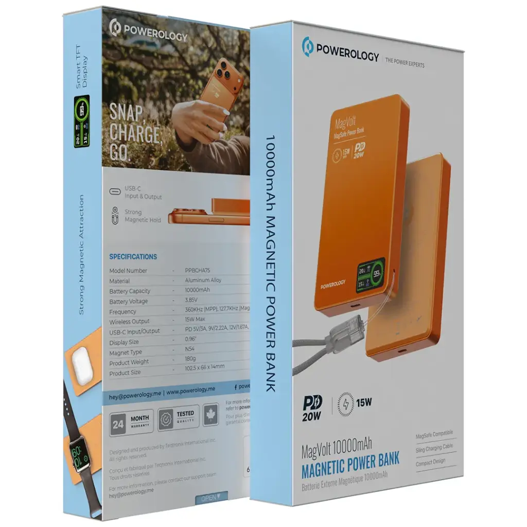 Powerology MagVolt 10000mAh Magnetic Power Bank - PPBCHA75OG - Orange