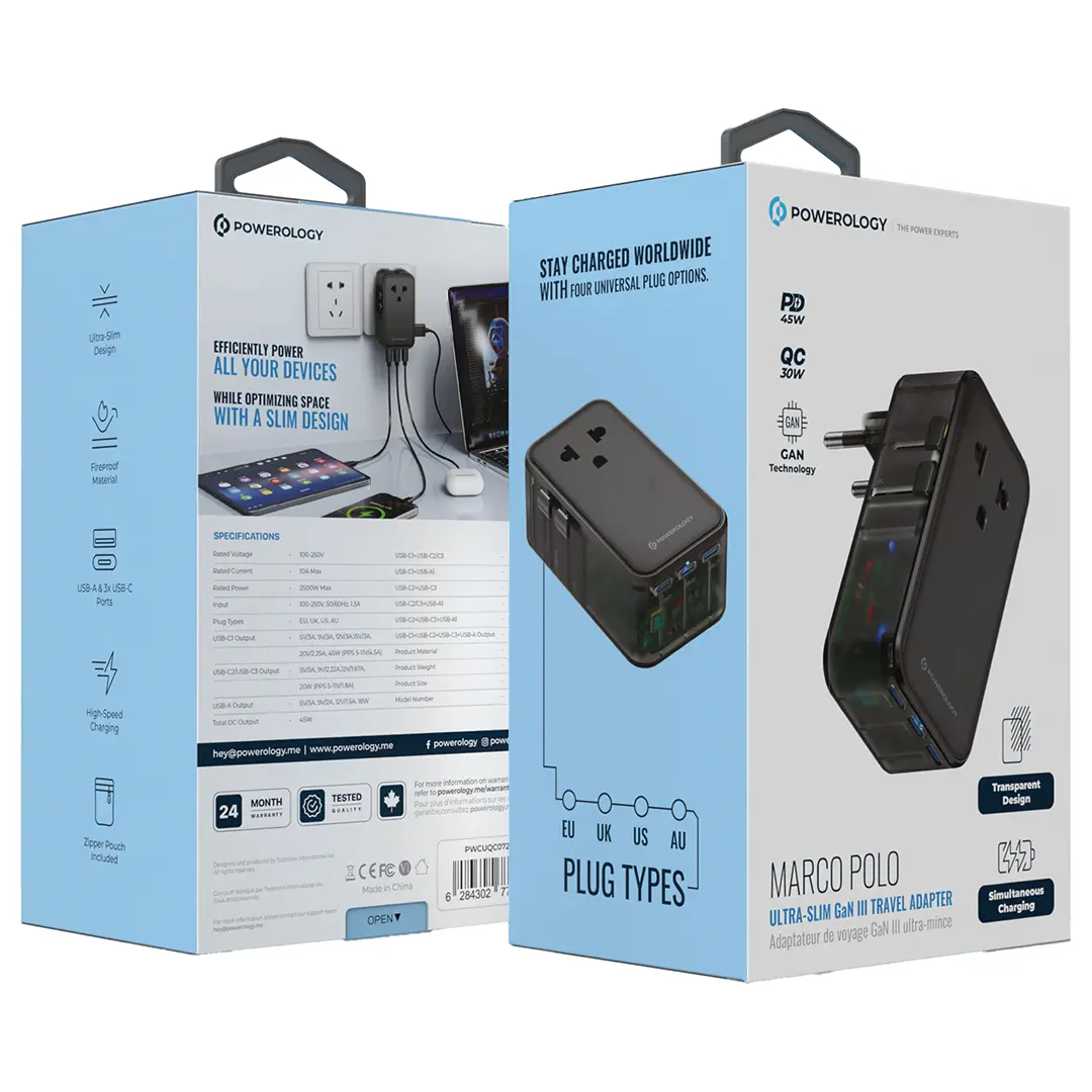Powerology Marco Polo Ultra-Slim GaN III Travel Adapter - Black
