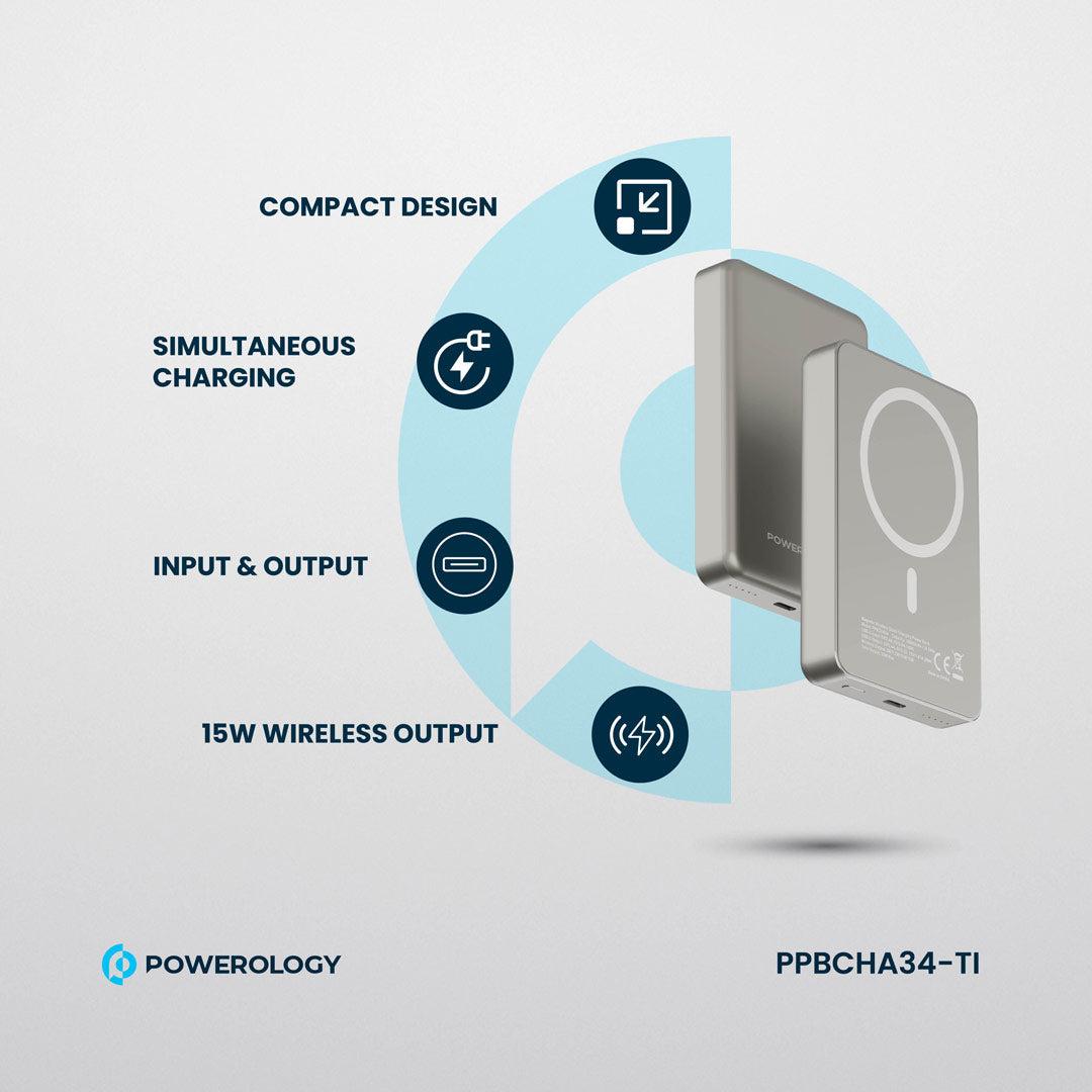 Powerology بنك طاقة سبيتيللي المصنوع من الألومنيوم بسعة 10000 مللي أمبير مع خاصية الشحن السريع PD بقوة 20 واط - PPBCHA34TI - تيتانيوم