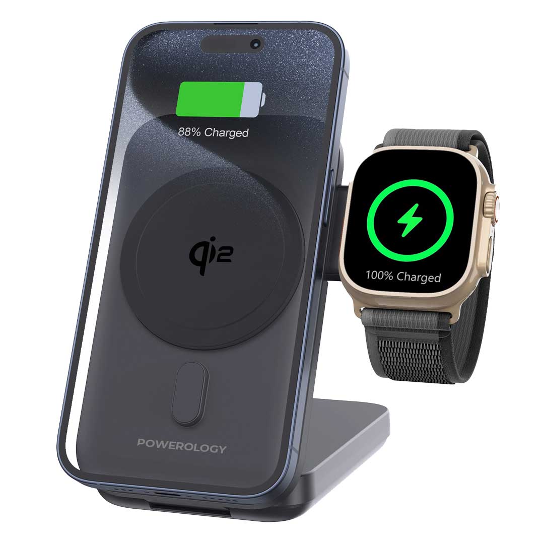 Powerology بنك طاقة بسعة 10000 مللي أمبير بتقنية Qi2 - 15 واط يدعم شحن أجهزة iPhone 16 Magsafe - لشحن الساعات - PPBCHA35-BK - أسود