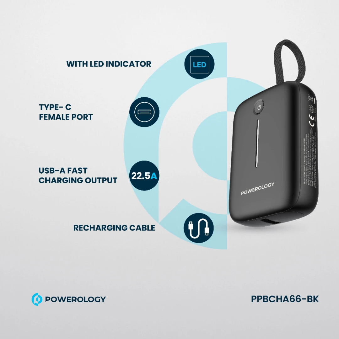 Powerology بنك طاقة بسعة 10000 مللي أمبير - PPBCHA66-BK - أسود