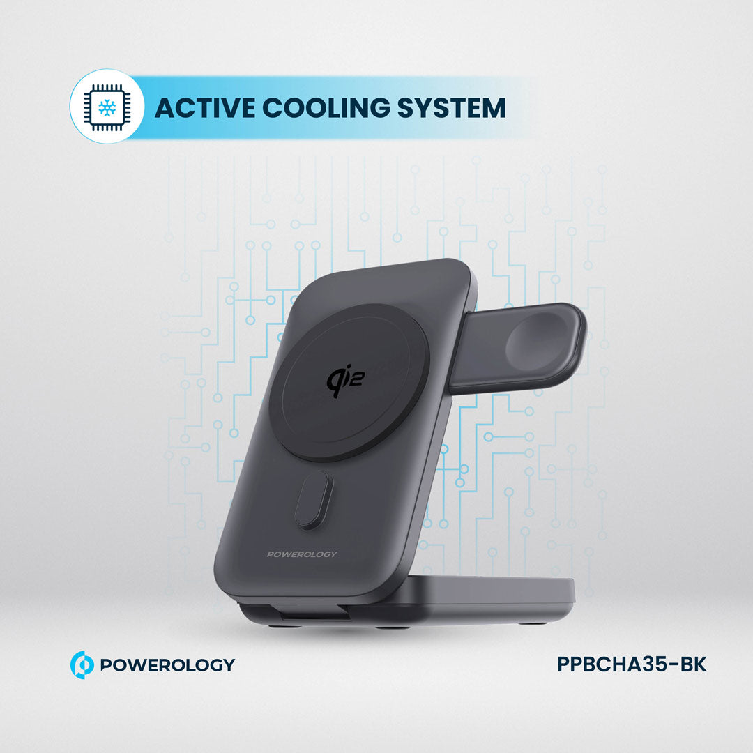Powerology بنك طاقة بسعة 10000 مللي أمبير بتقنية Qi2 - 15 واط يدعم شحن أجهزة iPhone 16 Magsafe - لشحن الساعات - PPBCHA35-BK - أسود