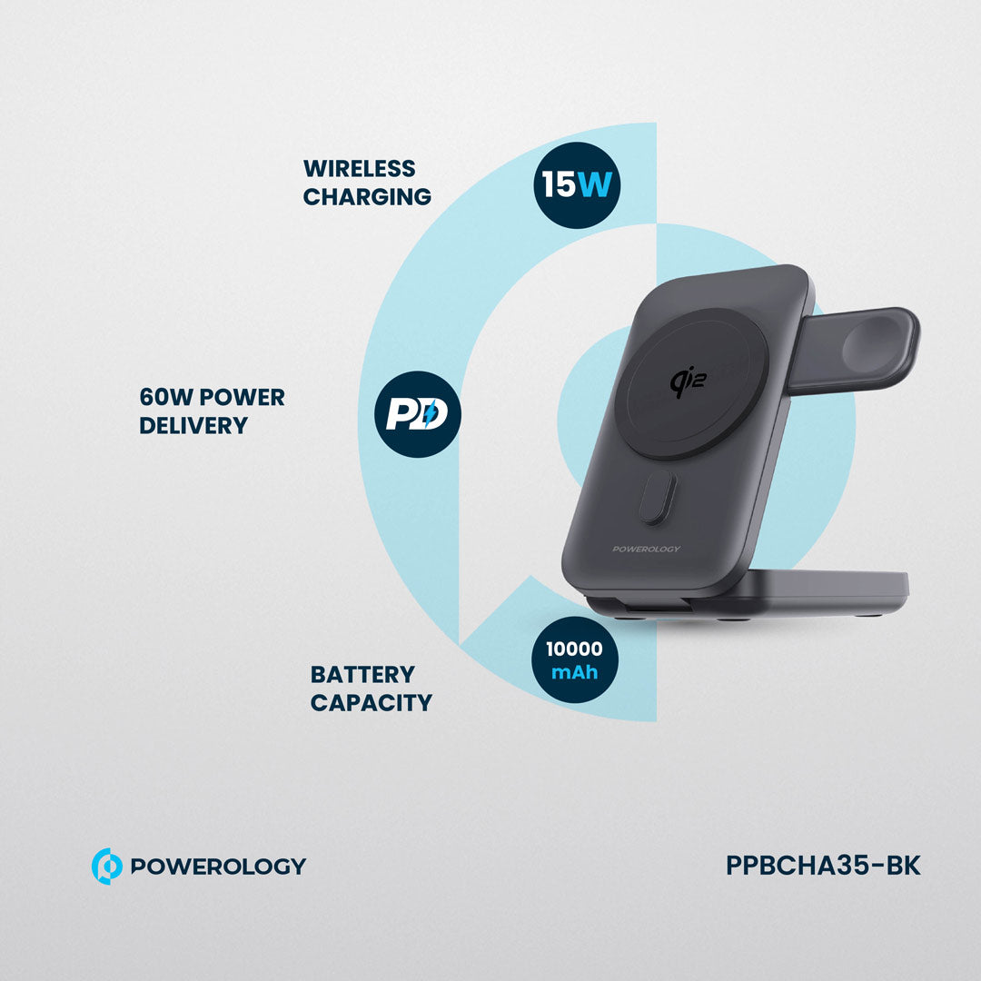 Powerology بنك طاقة بسعة 10000 مللي أمبير بتقنية Qi2 - 15 واط يدعم شحن أجهزة iPhone 16 Magsafe - لشحن الساعات - PPBCHA35-BK - أسود