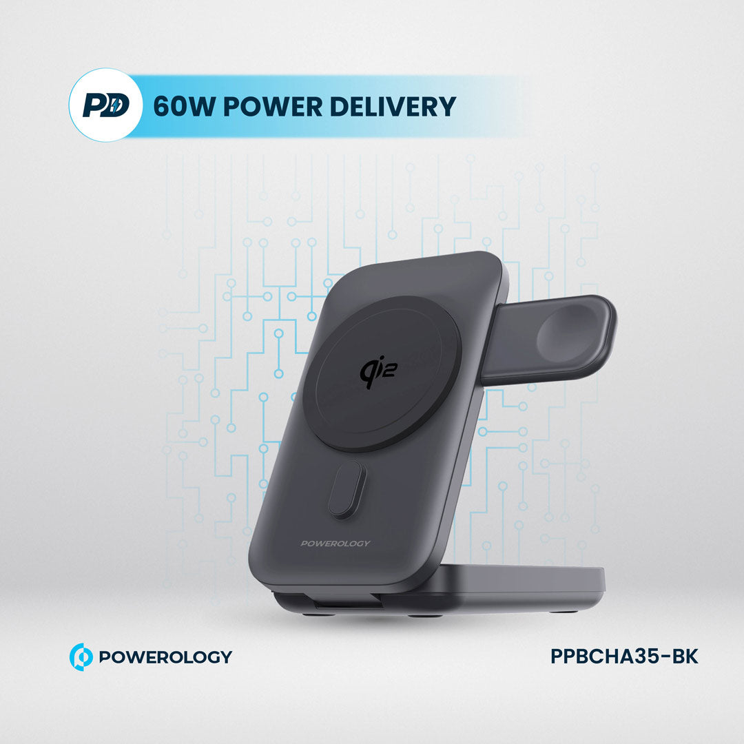 Powerology بنك طاقة بسعة 10000 مللي أمبير بتقنية Qi2 - 15 واط يدعم شحن أجهزة iPhone 16 Magsafe - لشحن الساعات - PPBCHA35-BK - أسود