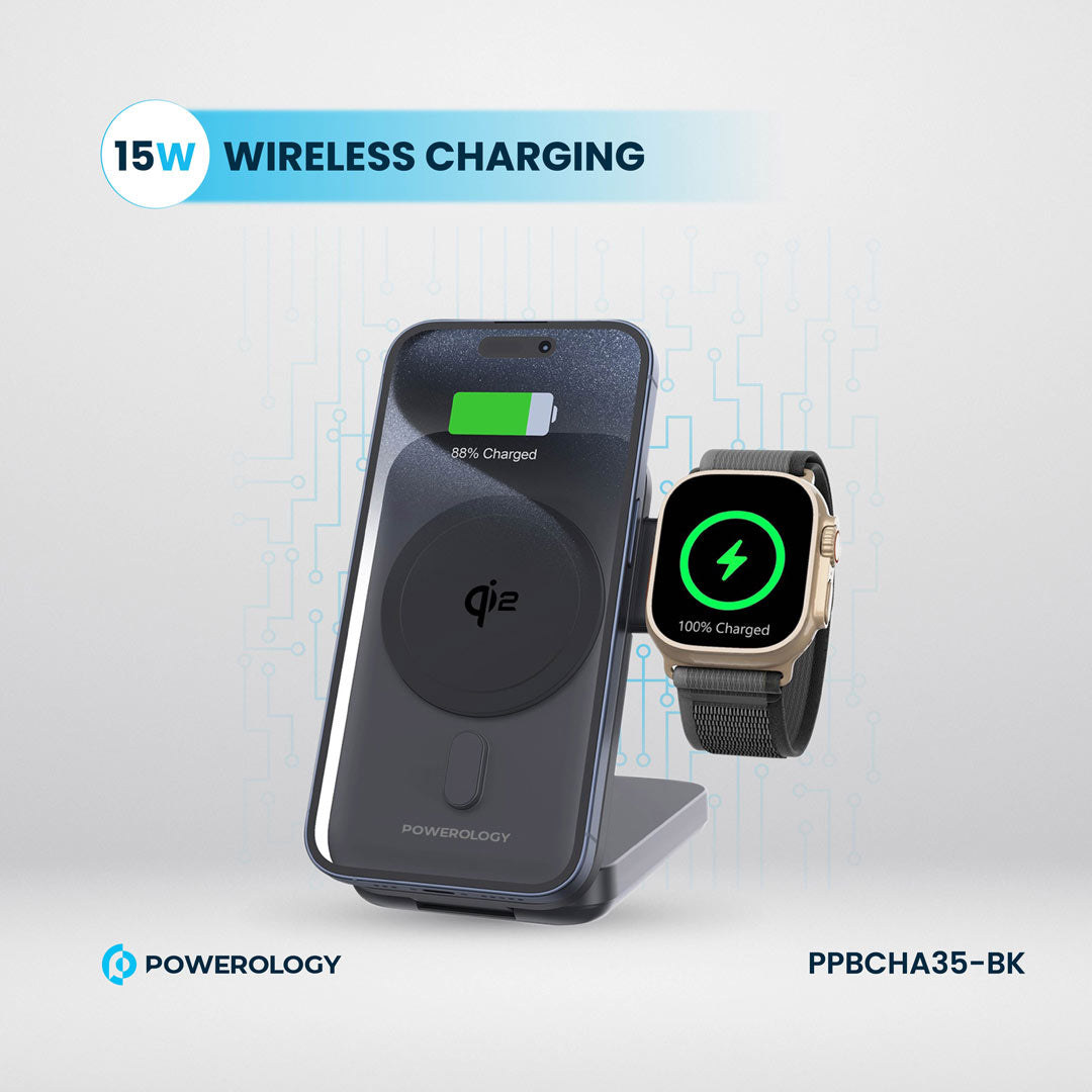 Powerology بنك طاقة بسعة 10000 مللي أمبير بتقنية Qi2 - 15 واط يدعم شحن أجهزة iPhone 16 Magsafe - لشحن الساعات - PPBCHA35-BK - أسود