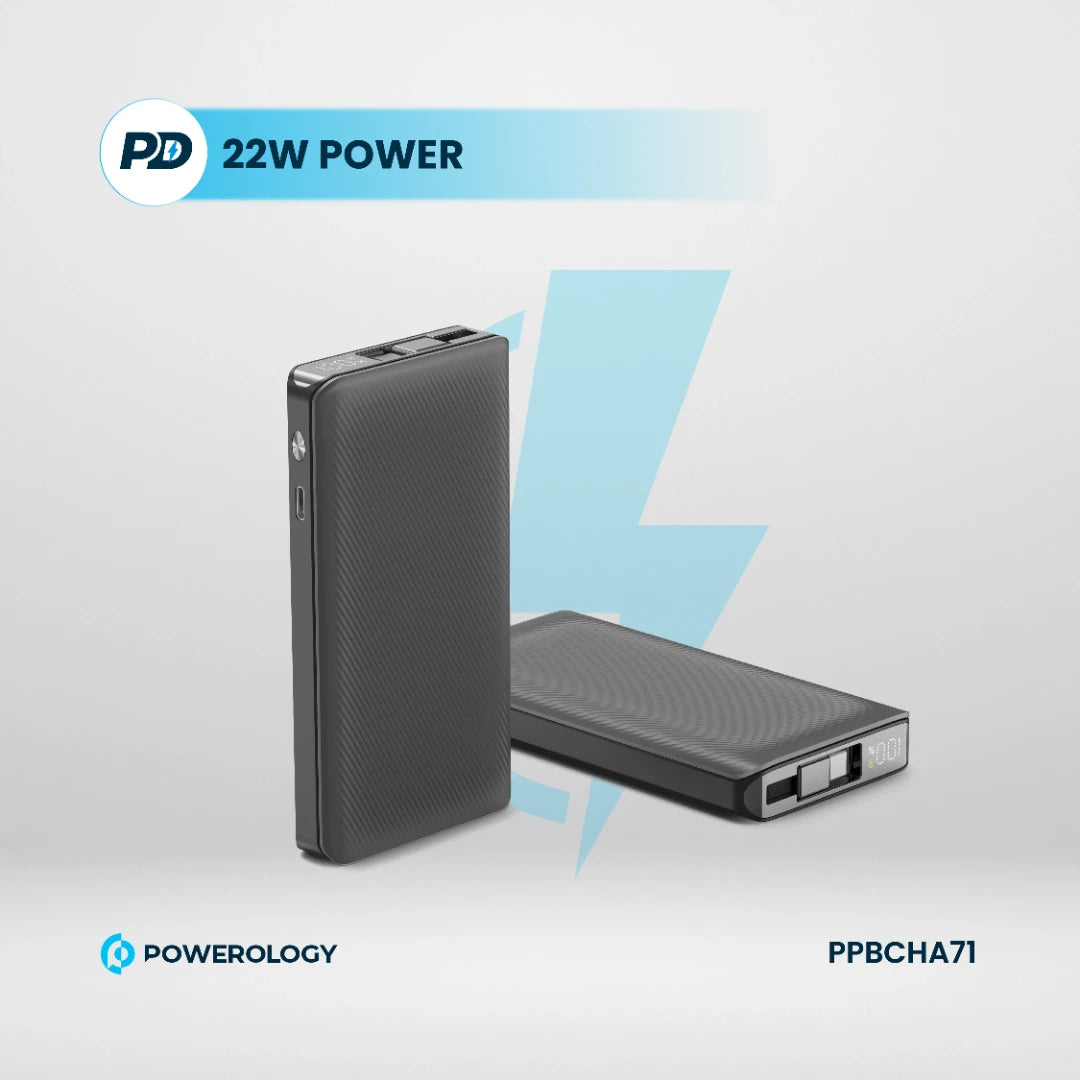 Powerology بنك طاقة بكابل قابل للسحب بسعة 10000 مللي أمبير - PPBCHA71 - أسود