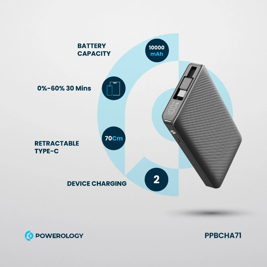 Powerology بنك طاقة بكابل قابل للسحب بسعة 10000 مللي أمبير - PPBCHA71 - أسود