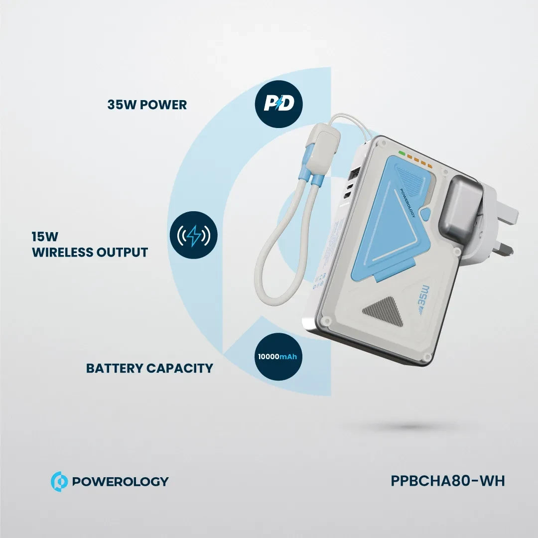 Powerology شاحن حائط ماج سيف بسعة 10000 مللي أمبير - PPBCHA80-WH - أبيض