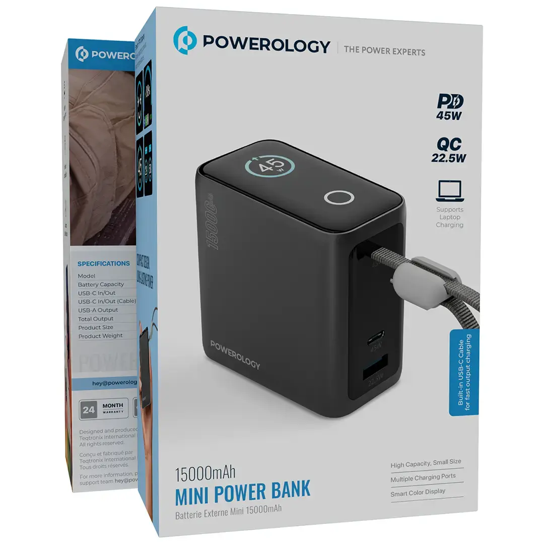 Powerology بنك طاقة صغير بسعة 15000 مللي أمبير - PPBCHA60BK - أسود