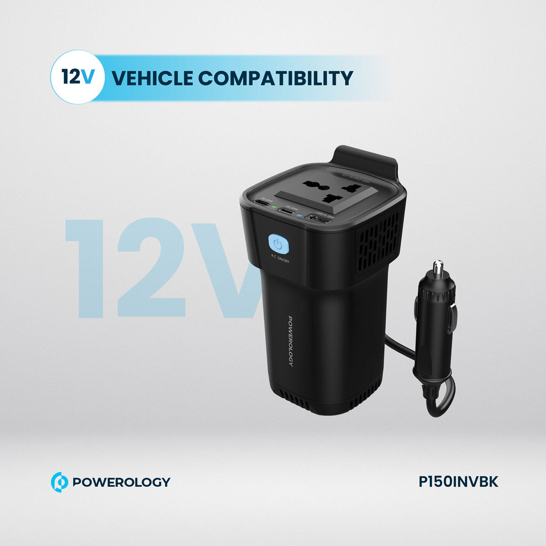 Powerology محول طاقة بقدرة 150 واط لحامل الأكواب، مزود بمنفذي USB-C و USB-A بتقنية الشحن السريع QC3.0 - P150INVBK - أسود