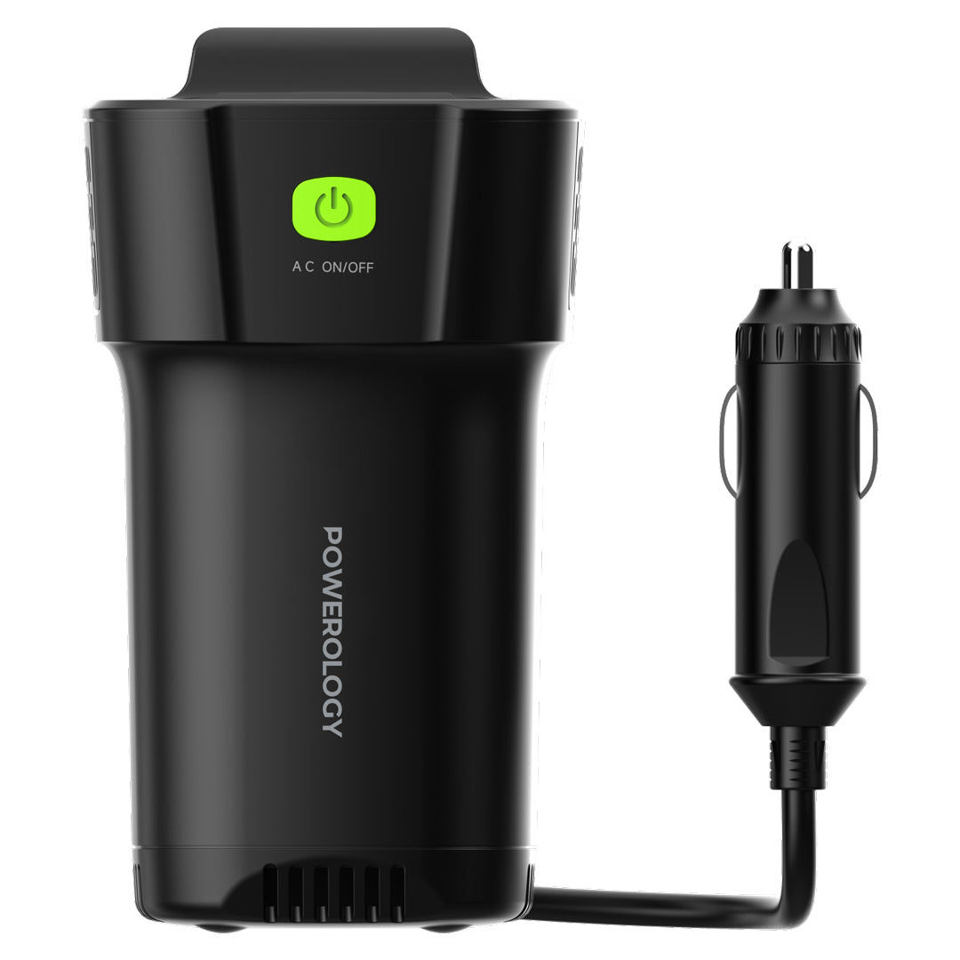 Powerology 150W Cup Holder Power Inverter Dual USB-C & USB-A QC3.0 - P150INVBK - Black