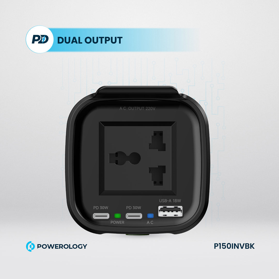 Powerology محول طاقة بقدرة 150 واط لحامل الأكواب، مزود بمنفذي USB-C و USB-A بتقنية الشحن السريع QC3.0 - P150INVBK - أسود