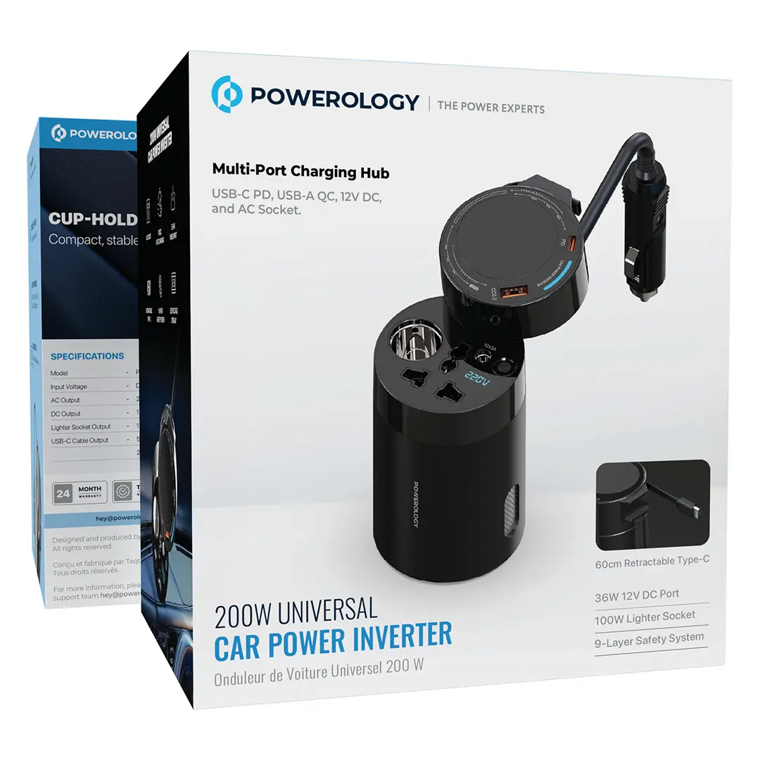Powerology محول طاقة سيارة عالمي 200 واط - أسود