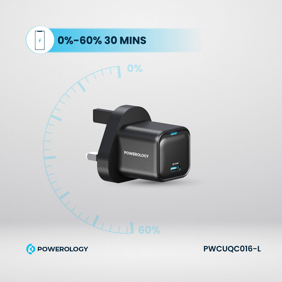 Powerology UK Ultra-Compact GaN Charger - PWCUQC016 - Black
