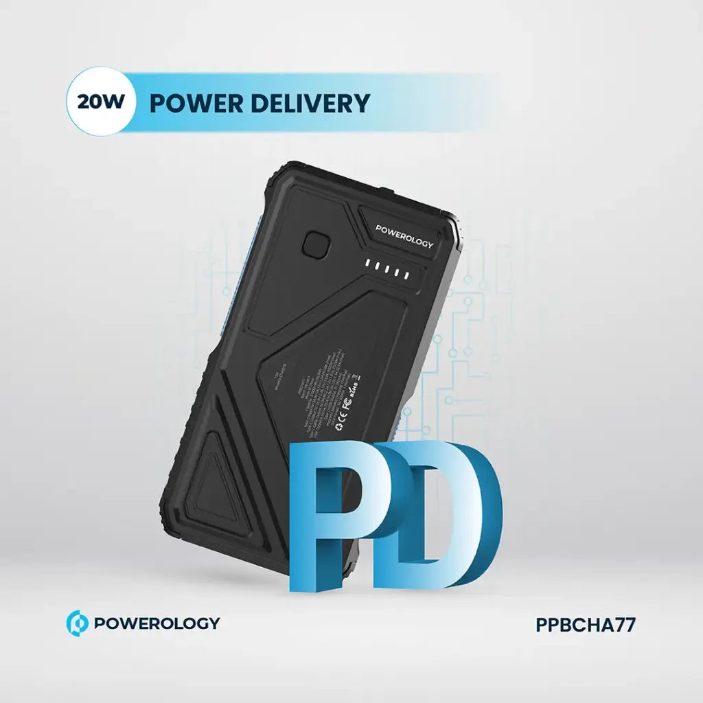 Powerology باور بانك شمسي بشحن لاسلكي 27000 مللي أمبير PD 20 واط - أسود