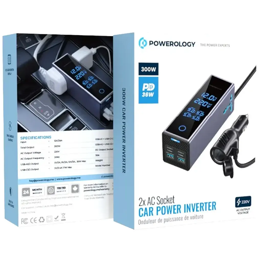 Powerology عاكس طاقة للسيارة 300 واط مع شاشة رقمية - رمادي