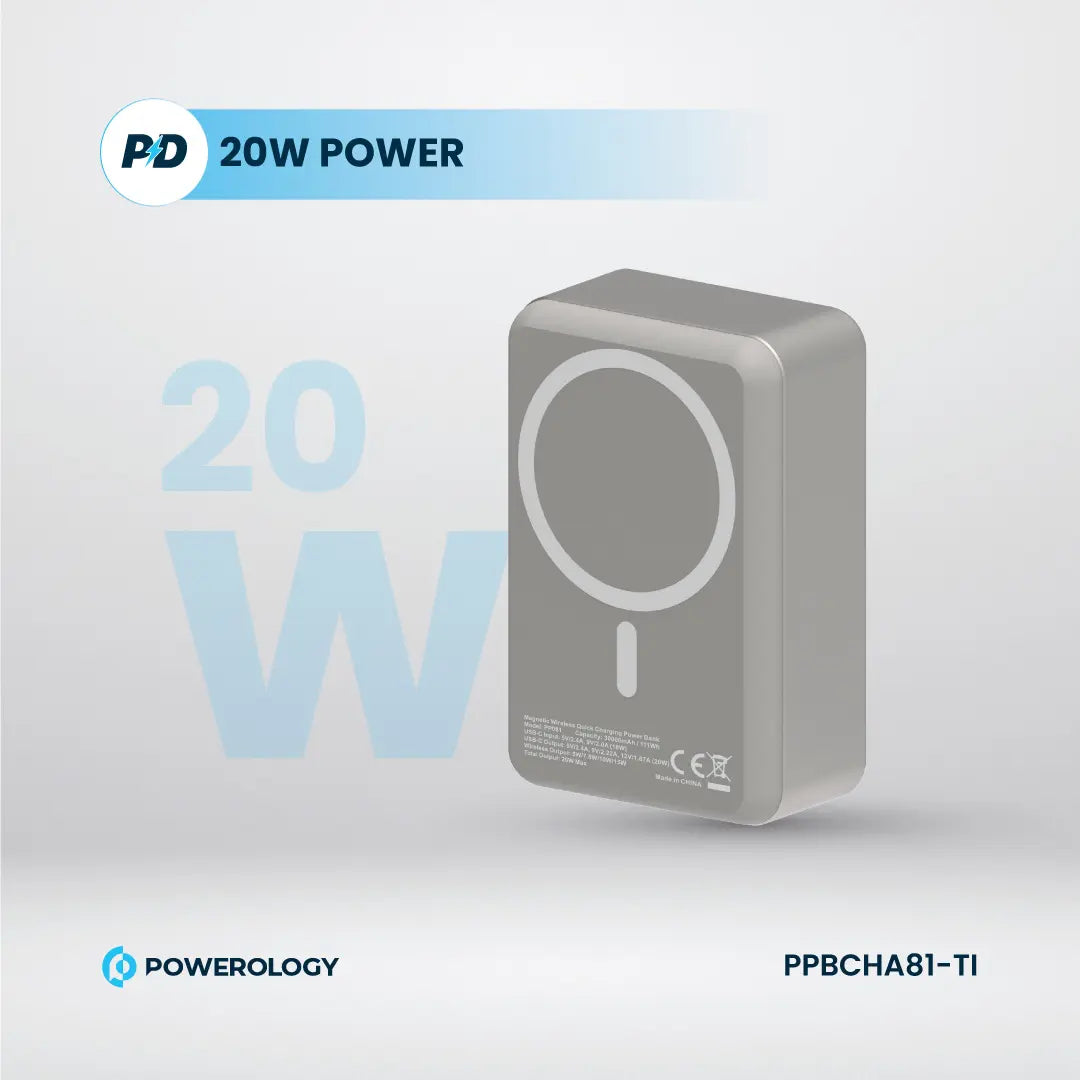 Powerology بنك طاقة MagSafe من الألومنيوم بسعة 30000 مللي أمبير - PPBCHA81-TI - تيتانيوم