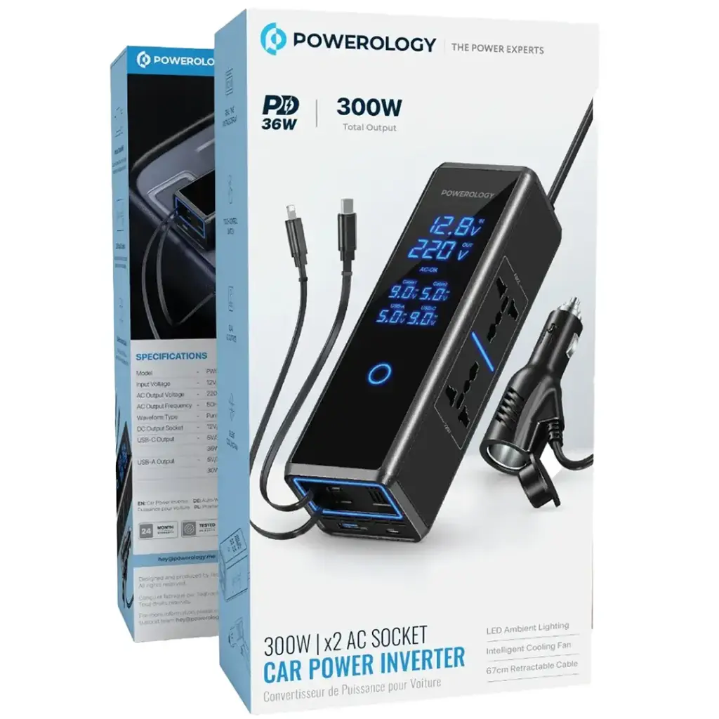 Powerology محول طاقة سيارة 300 واط بمقبسي تيار متردد - أسود