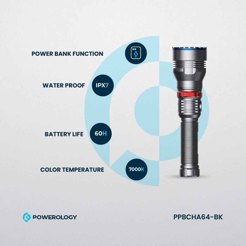 Powerology 4000mAh Waterproof LED Flashlight - Black