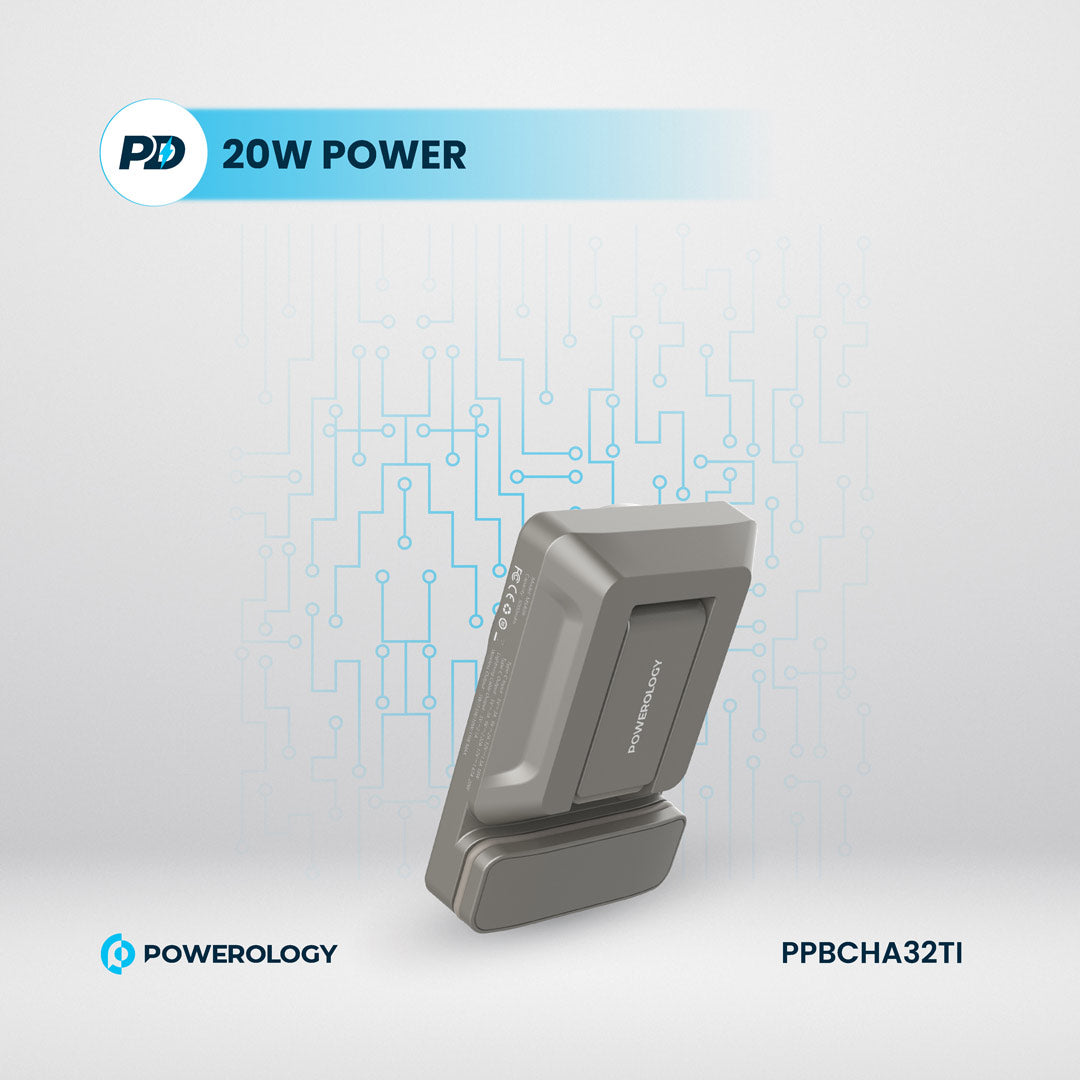 Powerology شاحن باور بانك 5000 مللي أمبير مع حامل ماج سيف لفتحة التهوية - PPBCHA32TI - تيتانيوم