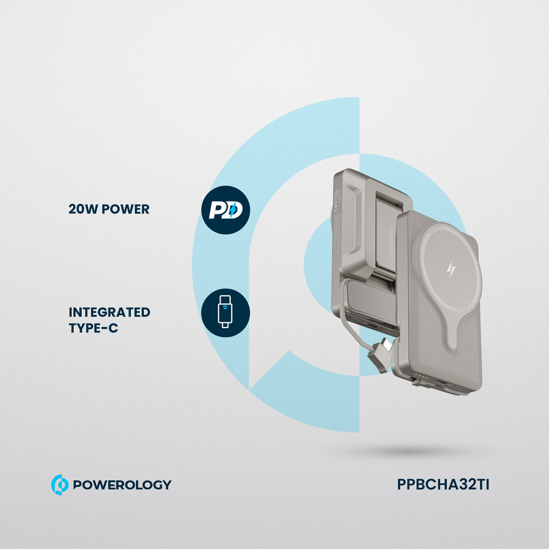 Powerology شاحن باور بانك 5000 مللي أمبير مع حامل ماج سيف لفتحة التهوية - PPBCHA32TI - تيتانيوم