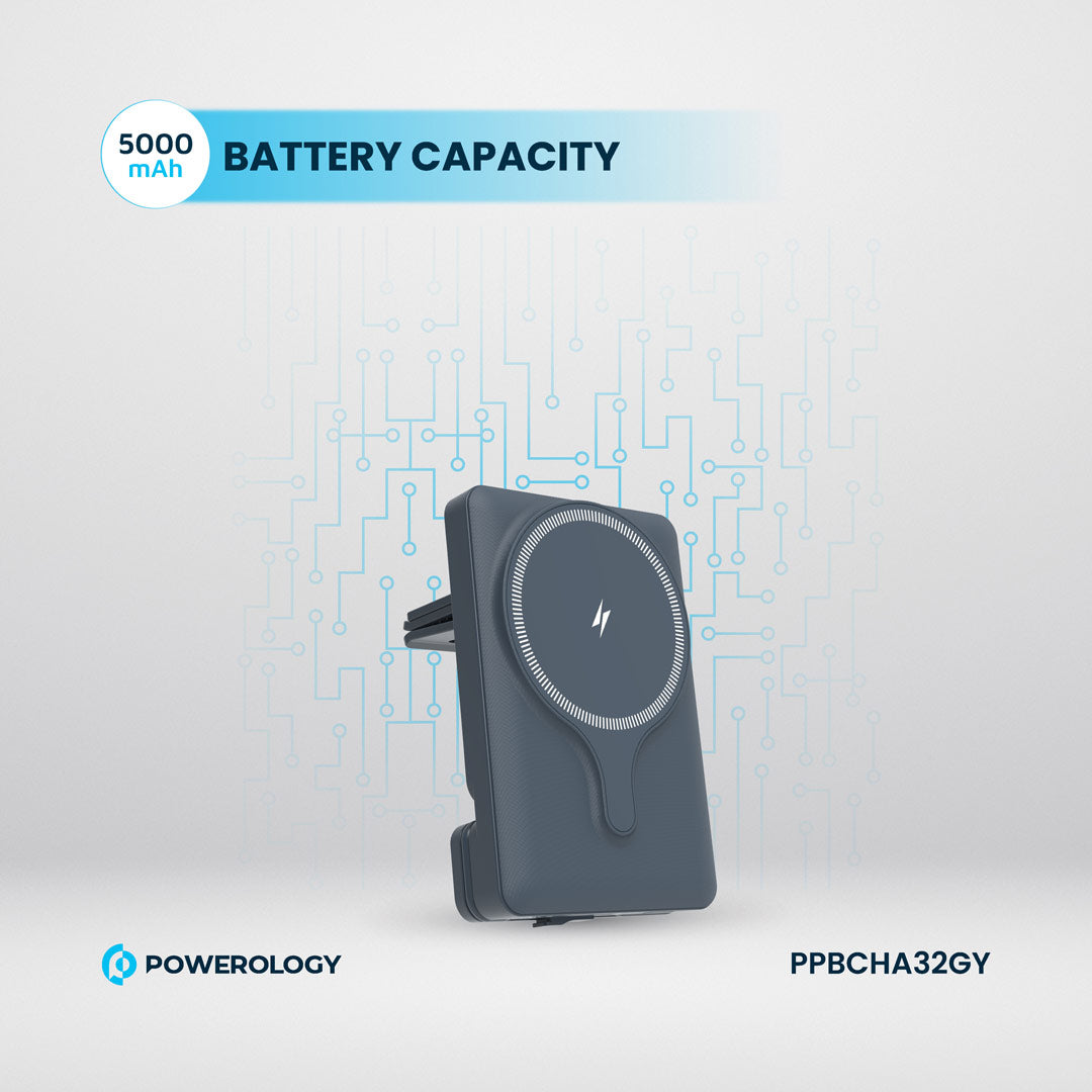 Powerology 5000mAh Powerbank Magsafe Charging Air-Vent Mount - PPBCHA32GY - Gray