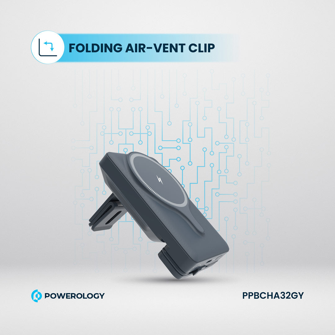 Powerology 5000mAh Powerbank Magsafe Charging Air-Vent Mount - PPBCHA32GY - Gray