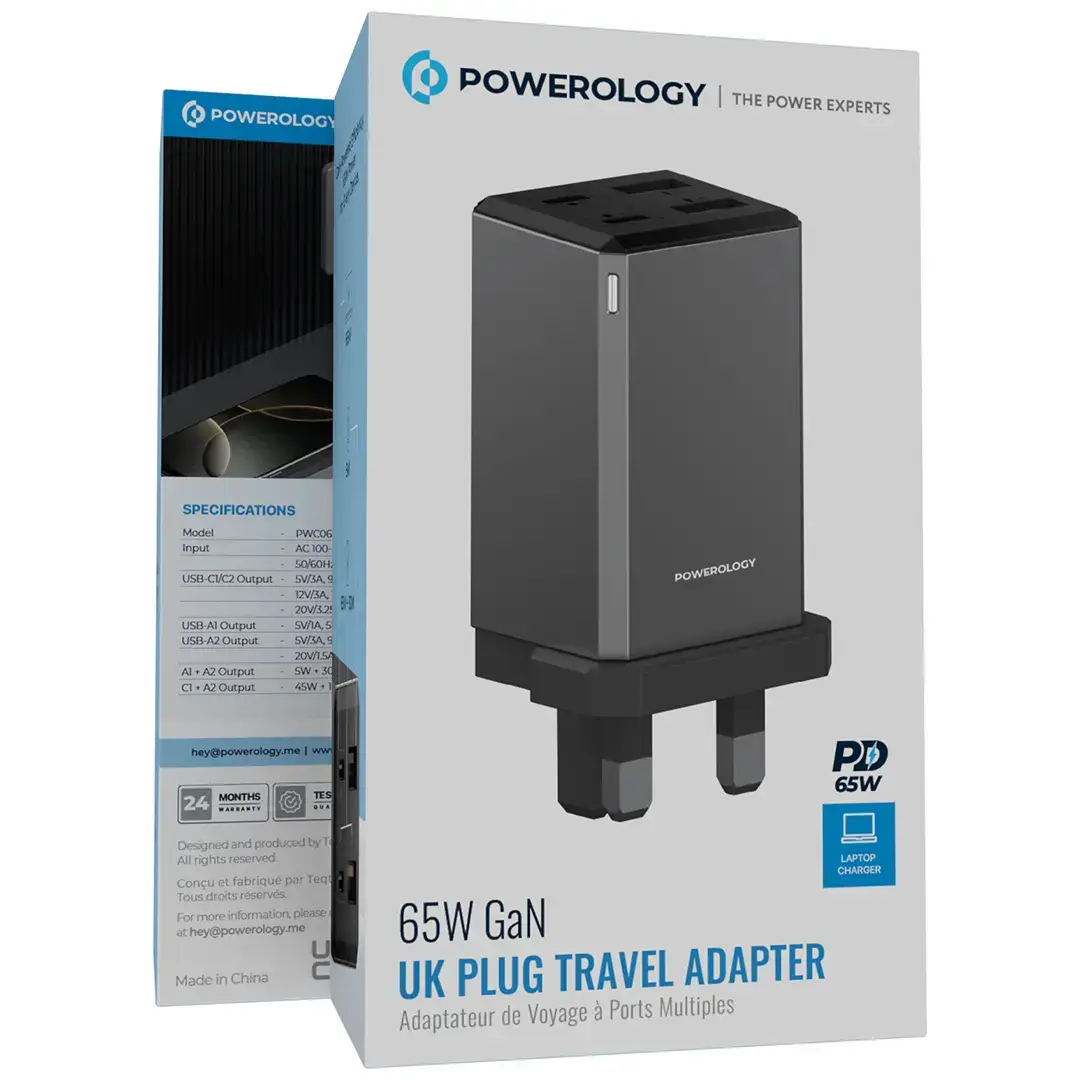 Powerology 65W GaN UK Plug Travel Adapter - PWCUQC063GR - Grey
