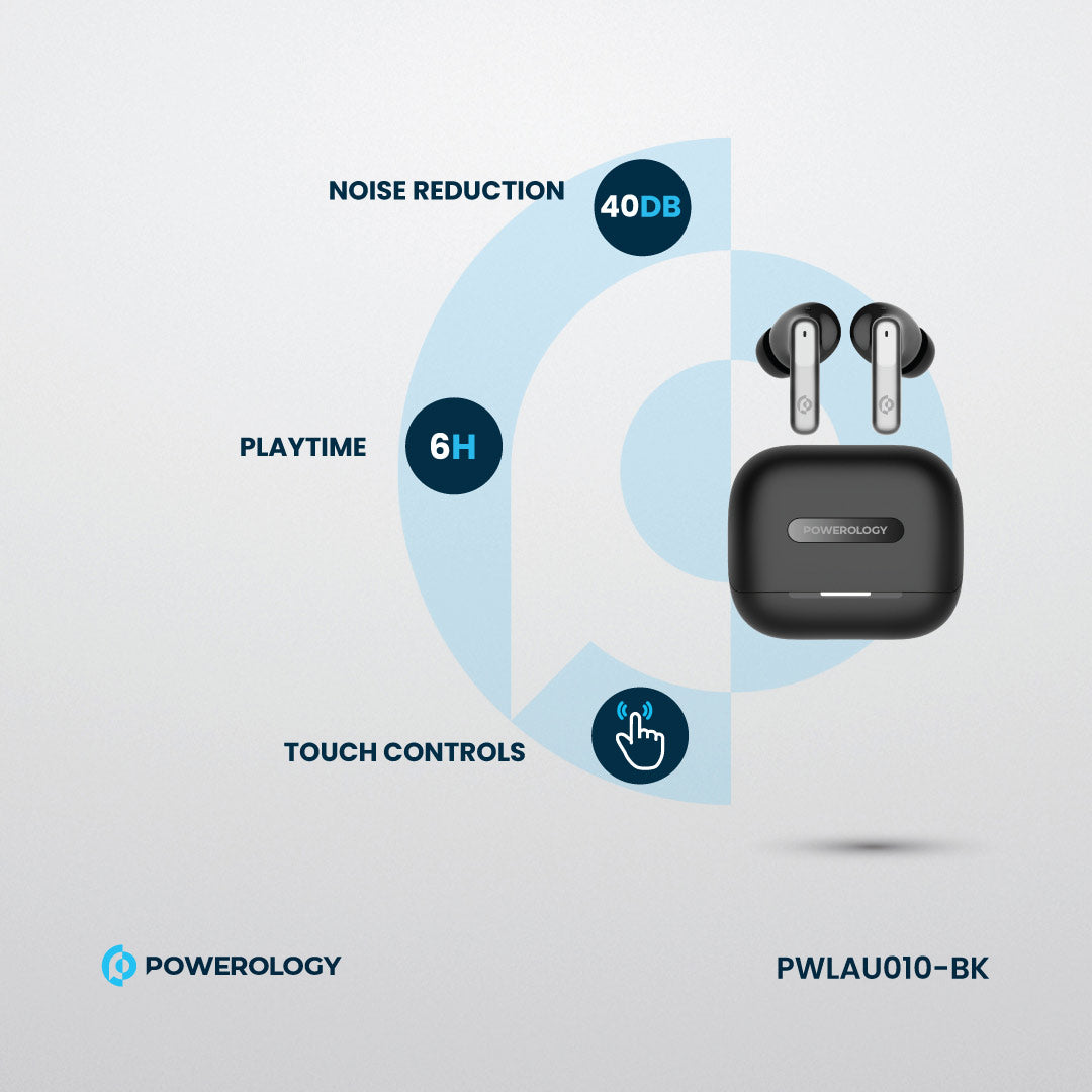 Powerology 6 Mic Hybrid ANC + ENC True Wireless Buds - PWLAU010-BK - Black