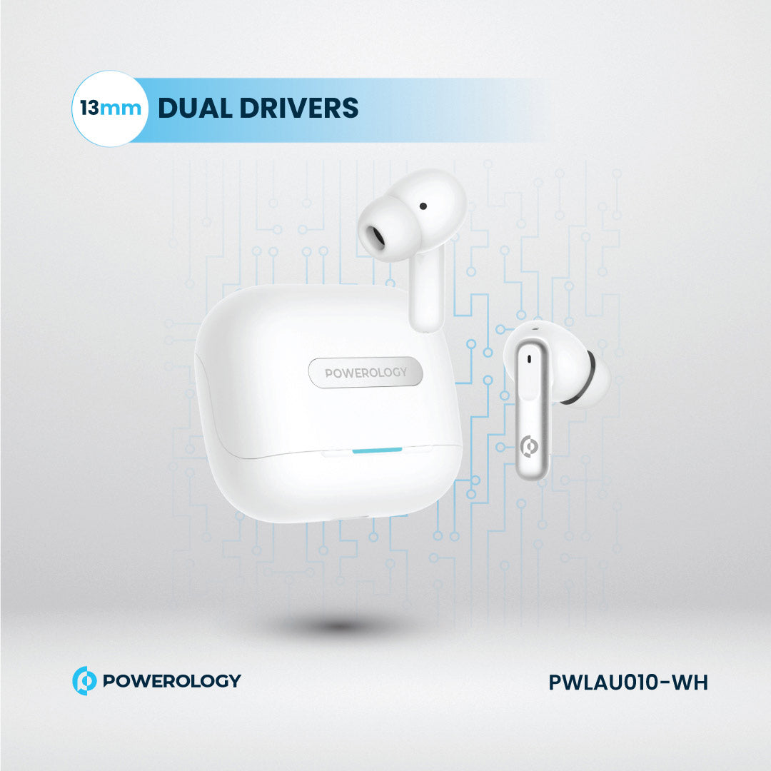 Powerology 6 Mic Hybrid ANC + ENC True Wireless Buds - PWLAU010-WH - White