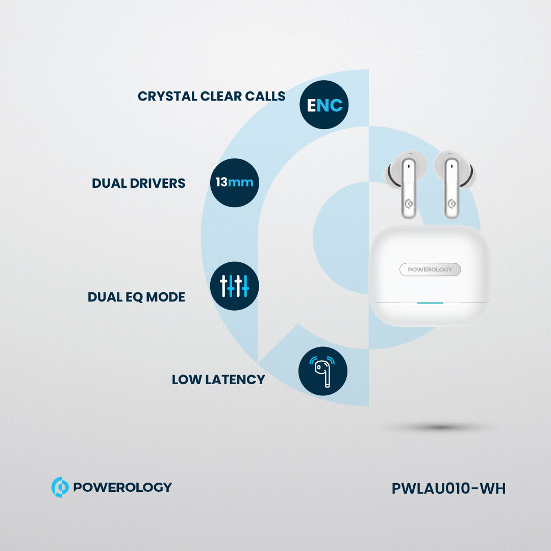 Powerology 6 Mic Hybrid ANC + ENC True Wireless Buds - PWLAU010-WH - White