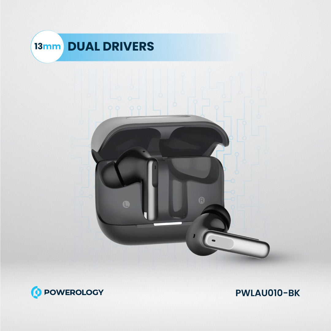 Powerology 6 Mic Hybrid ANC + ENC True Wireless Buds - PWLAU010-BK - Black