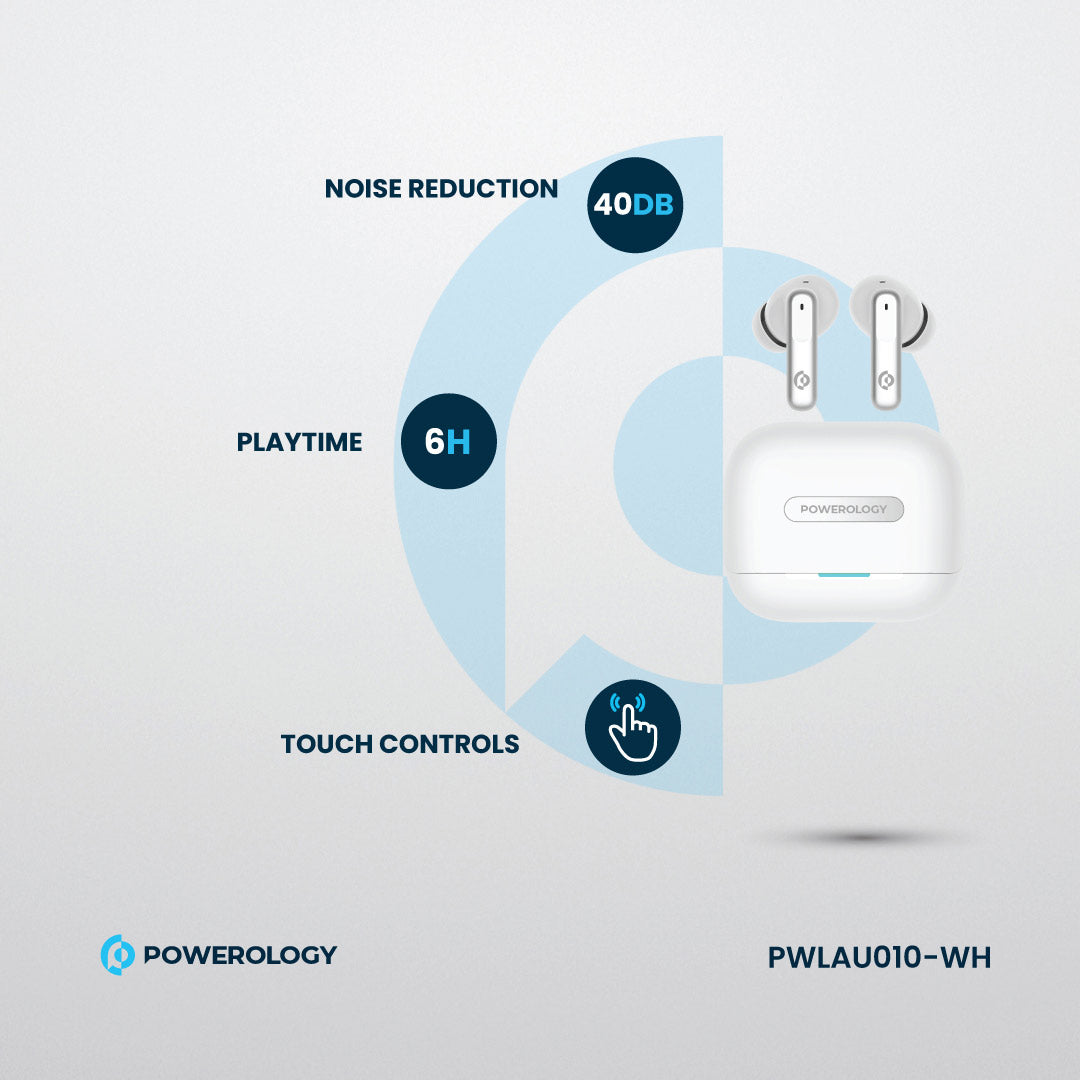 Powerology 6 Mic Hybrid ANC + ENC True Wireless Buds - PWLAU010-WH - White