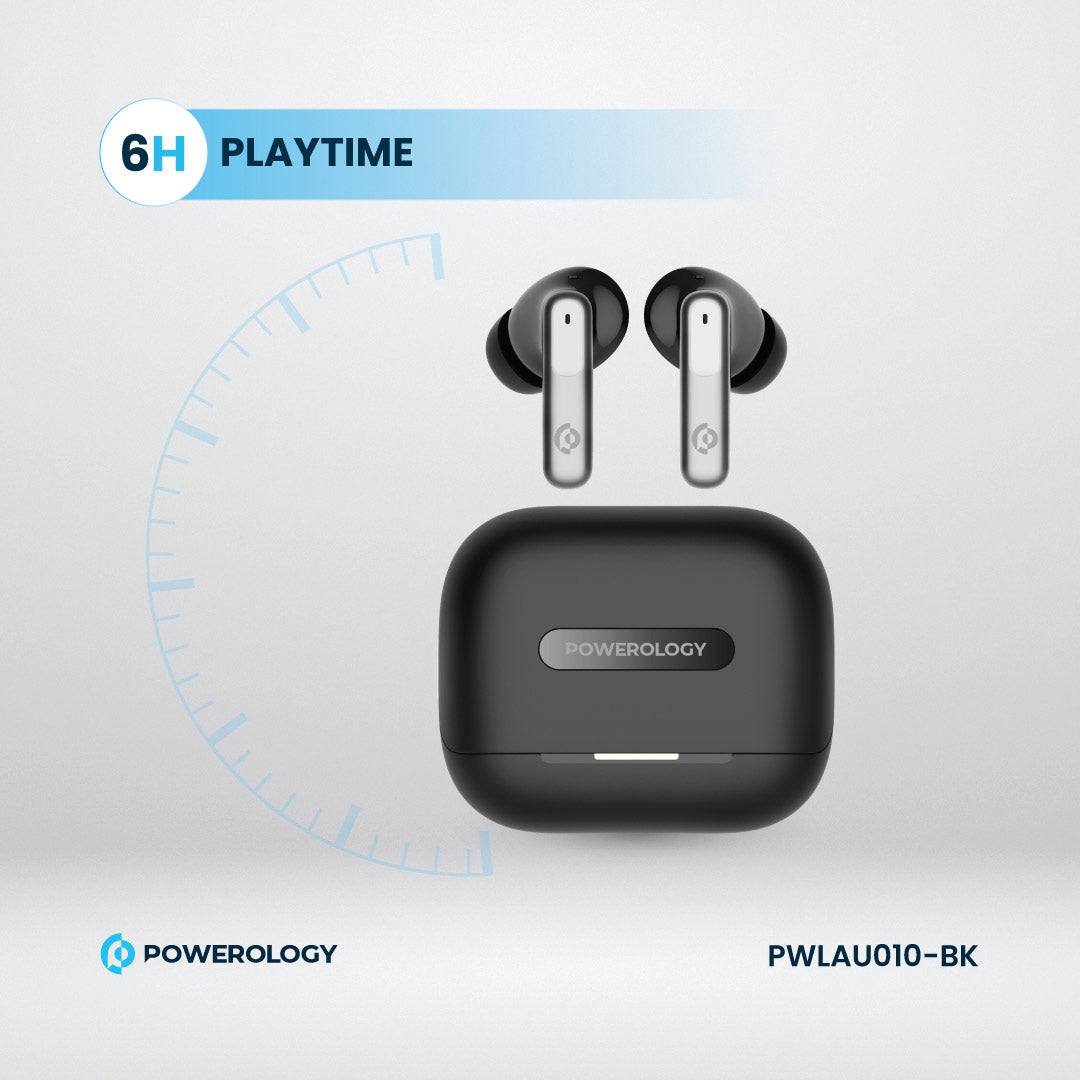 Powerology 6 Mic Hybrid ANC + ENC True Wireless Buds - PWLAU010-BK - Black