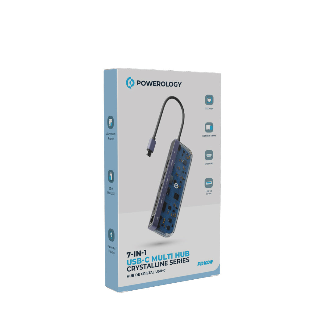 Powerology  موزع USB-C متعدد الوظائف 7 في 1 من سلسلة كريستالين - P71USHTP - شفاف