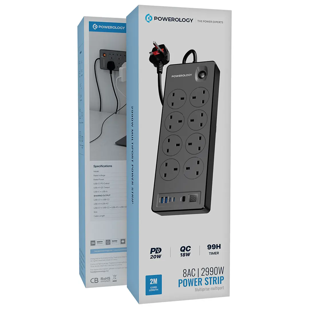Powerology 8AC | 2990W Power Strip PD 20W - PWCUQC047BK - Black