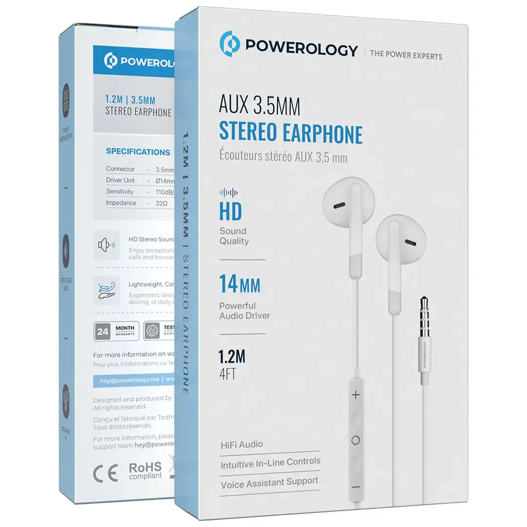 Powerology سماعة أذن ستيريو AUX 3.5 ملم - PWEPHR17WH - أبيض