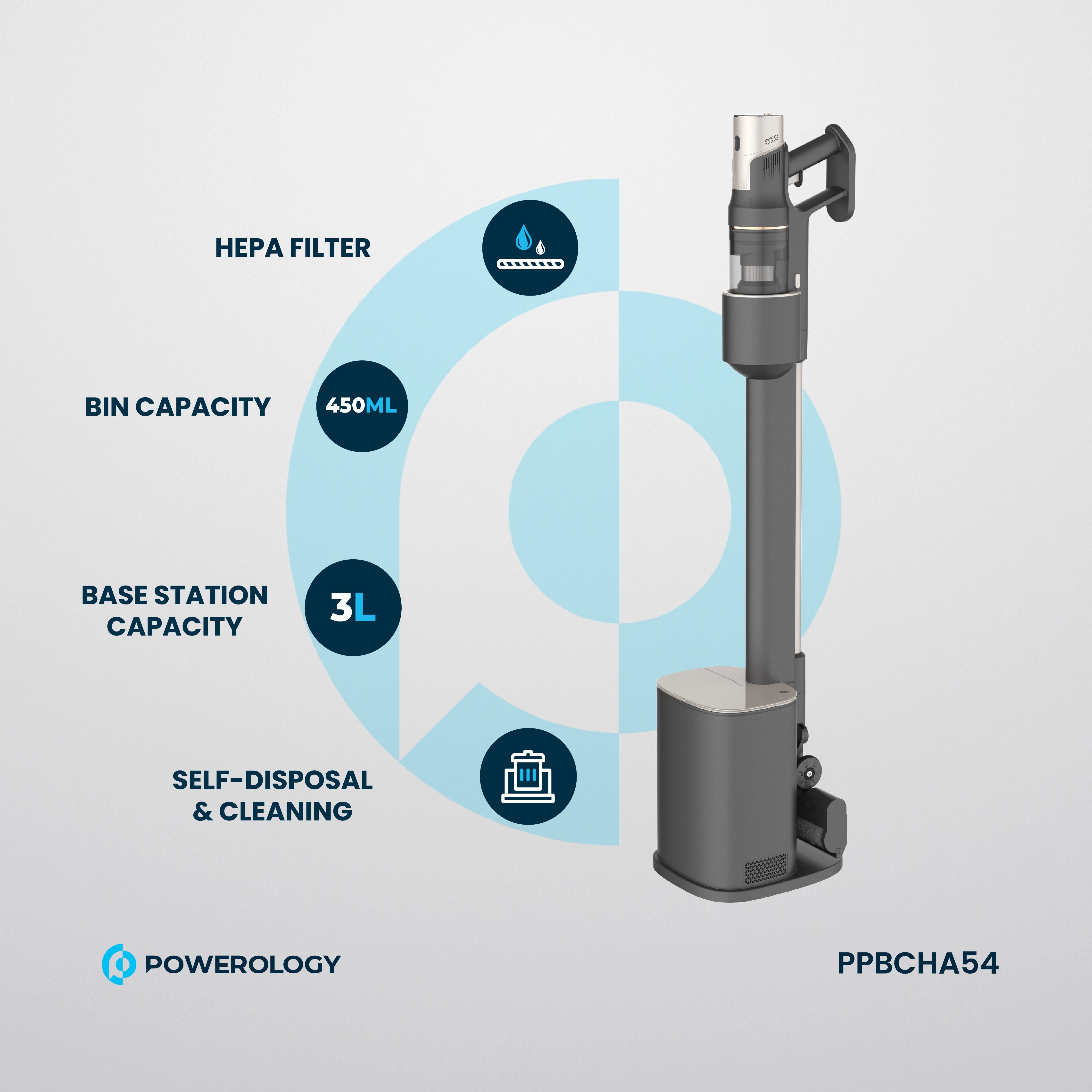 Powerology Cordless Vacuum Auto-Disposal Charging - PPBCHA54 - Black