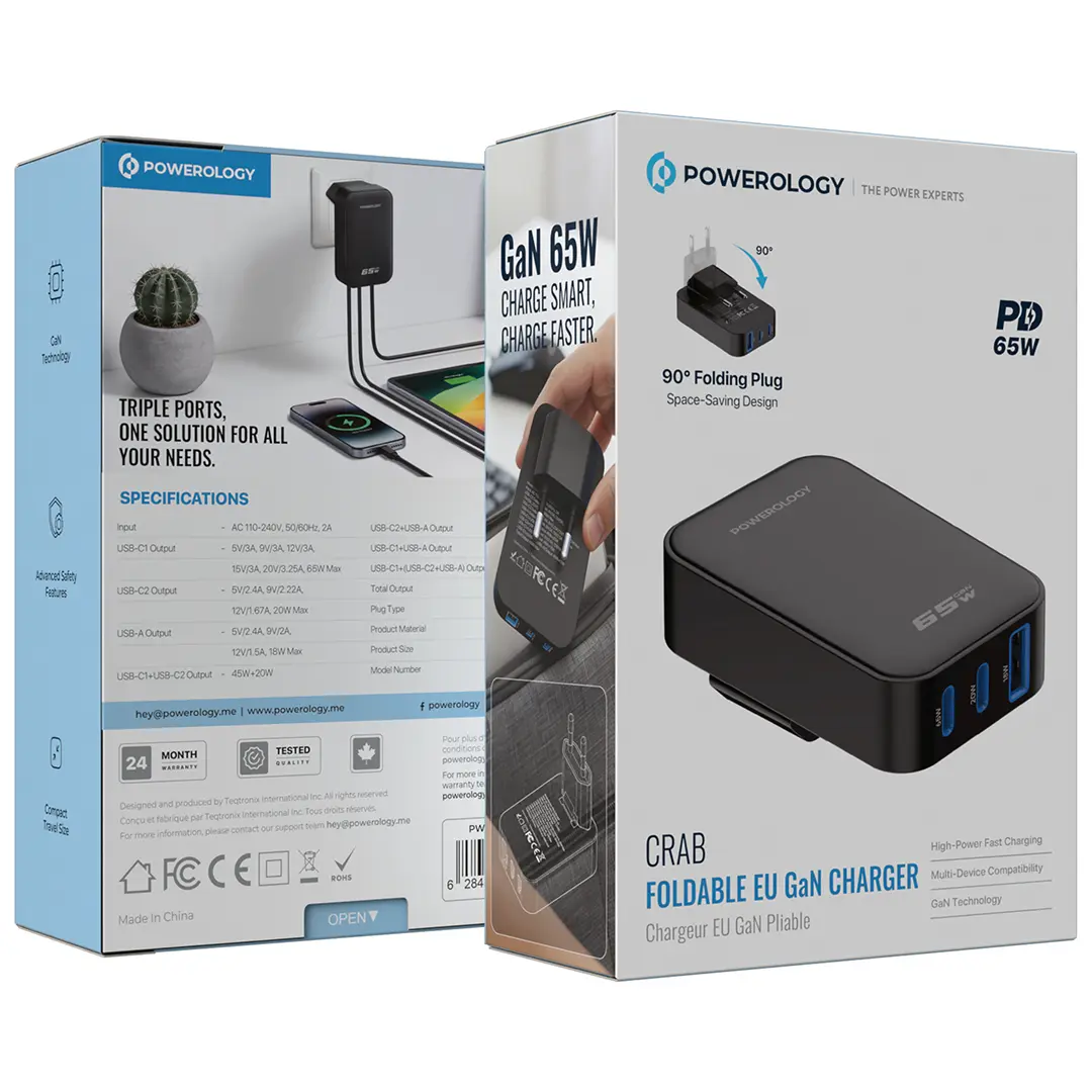 Powerology Crab شاحن 65 واط GaN بقابس أوروبي قابل للطي - أسود