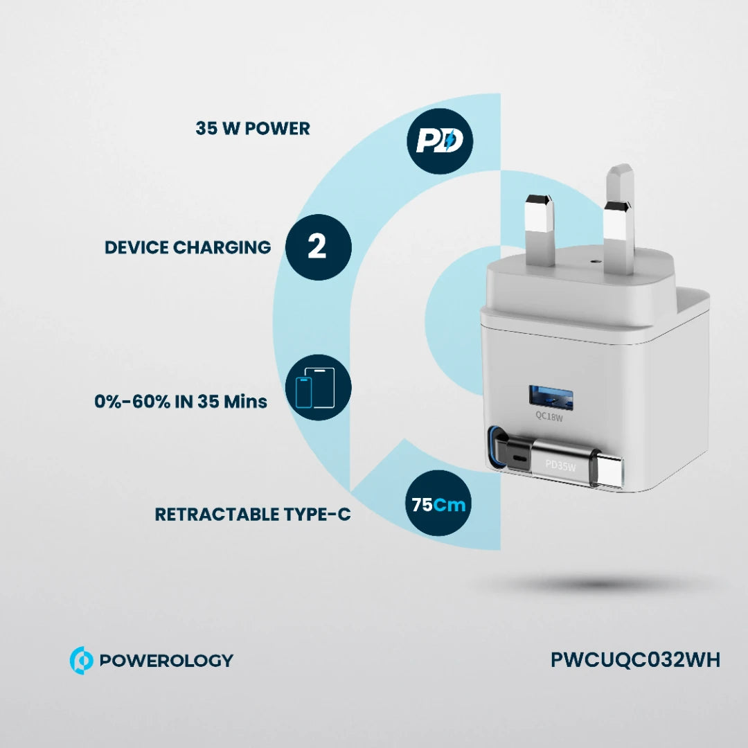 Powerology Dual Port | Retractable GaN Charger - PWCUQC032WH - White