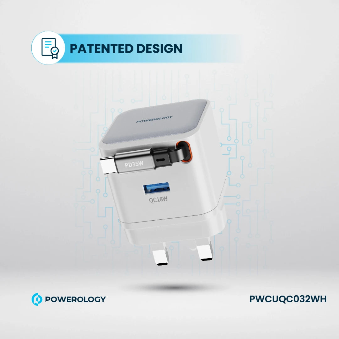 Powerology Dual Port | Retractable GaN Charger - PWCUQC032WH - White