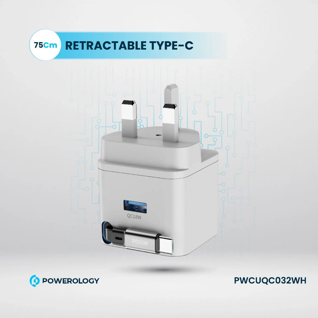 Powerology Dual Port | Retractable GaN Charger - PWCUQC032WH - White
