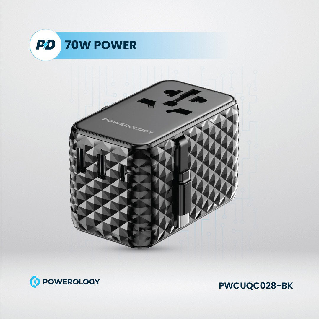 Powerology GaN 20W PD Universal Adapter Retractable Type-C Cable - PWCUQC028-BK - Black