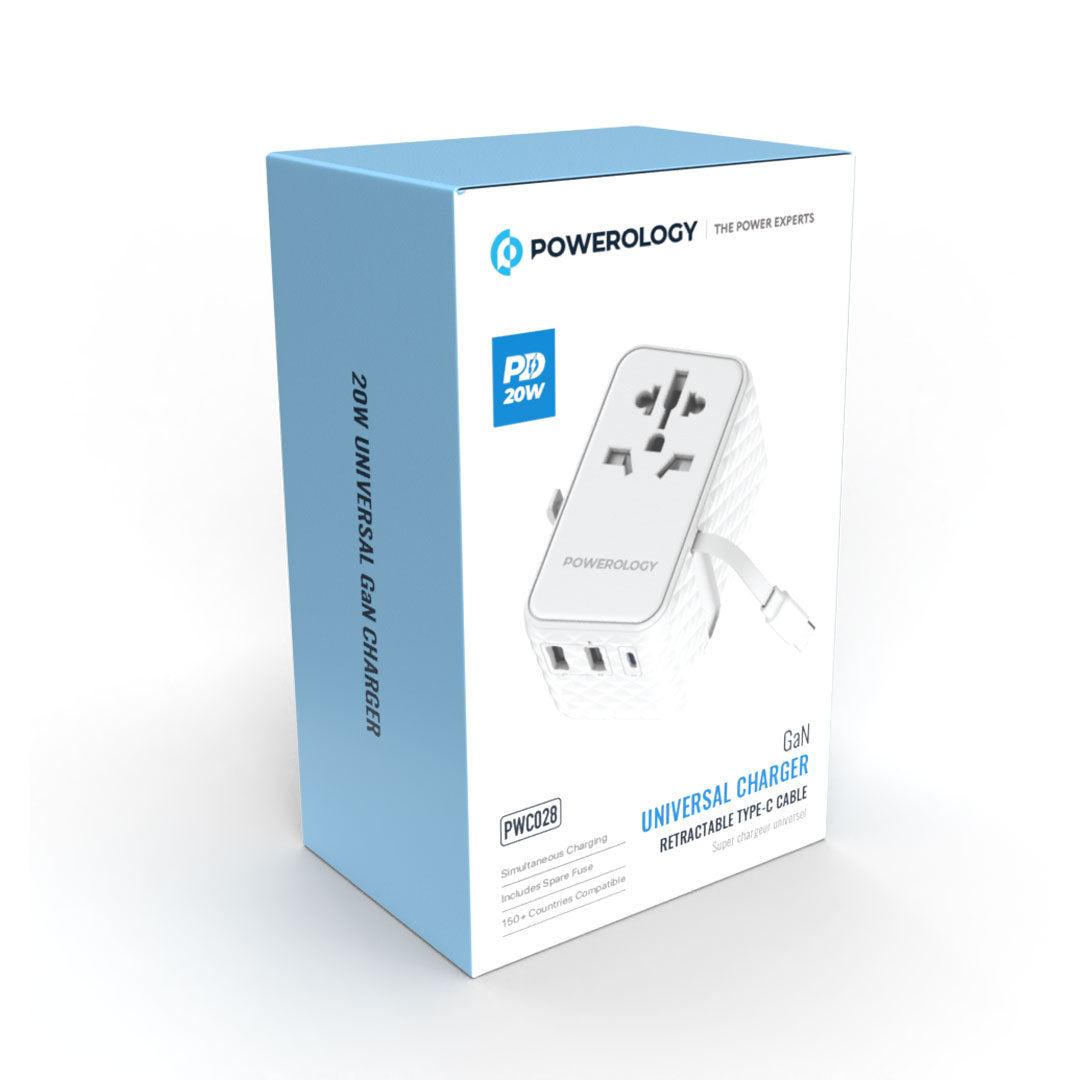 Powerology GaN 20W PD Universal Adapter Retractable Type-C Cable - PWCUQC028-WH - White