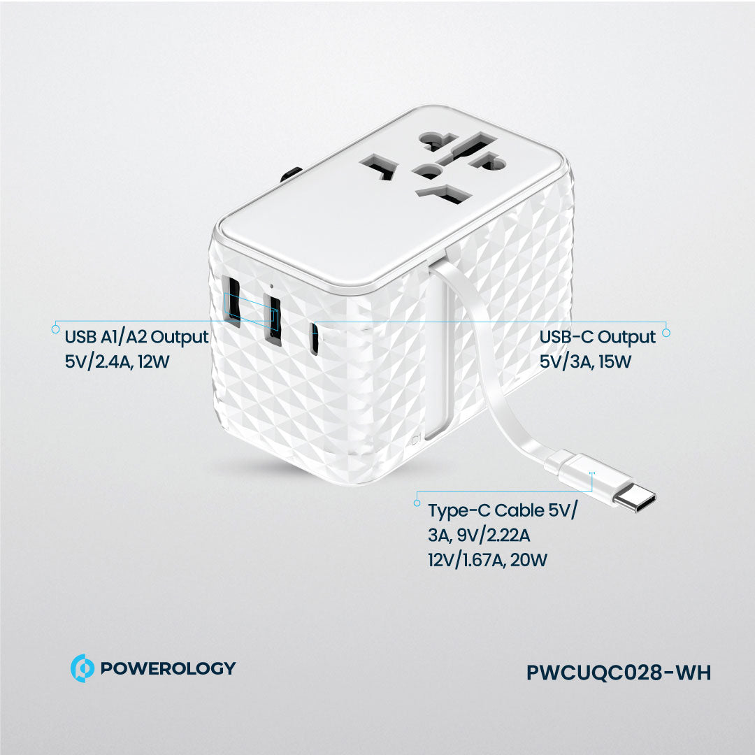 Powerology GaN 20W PD Universal Adapter Retractable Type-C Cable - PWCUQC028-WH - White