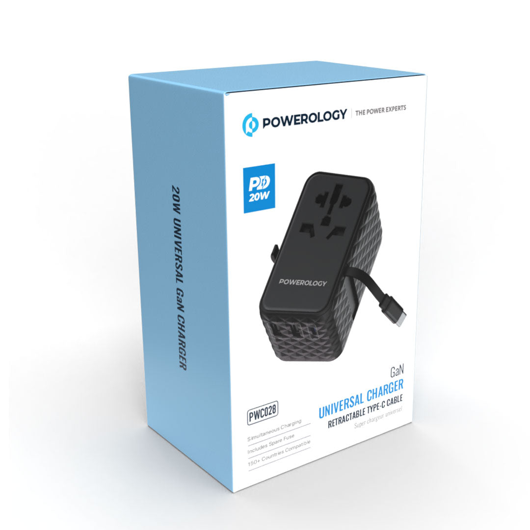 Powerology GaN 20W PD Universal Adapter Retractable Type-C Cable - PWCUQC028-BK - Black
