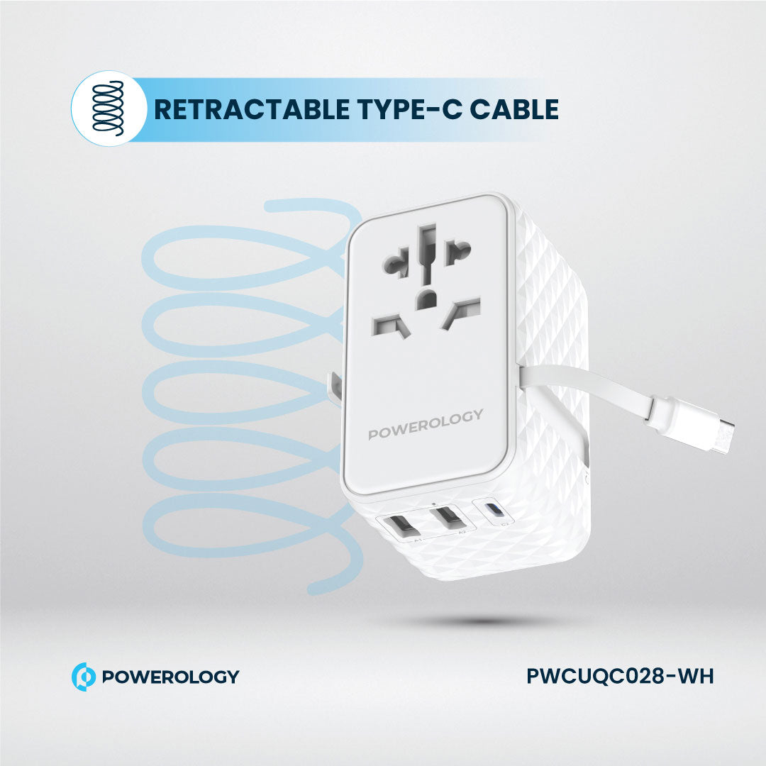 Powerology GaN 20W PD Universal Adapter Retractable Type-C Cable - PWCUQC028-WH - White