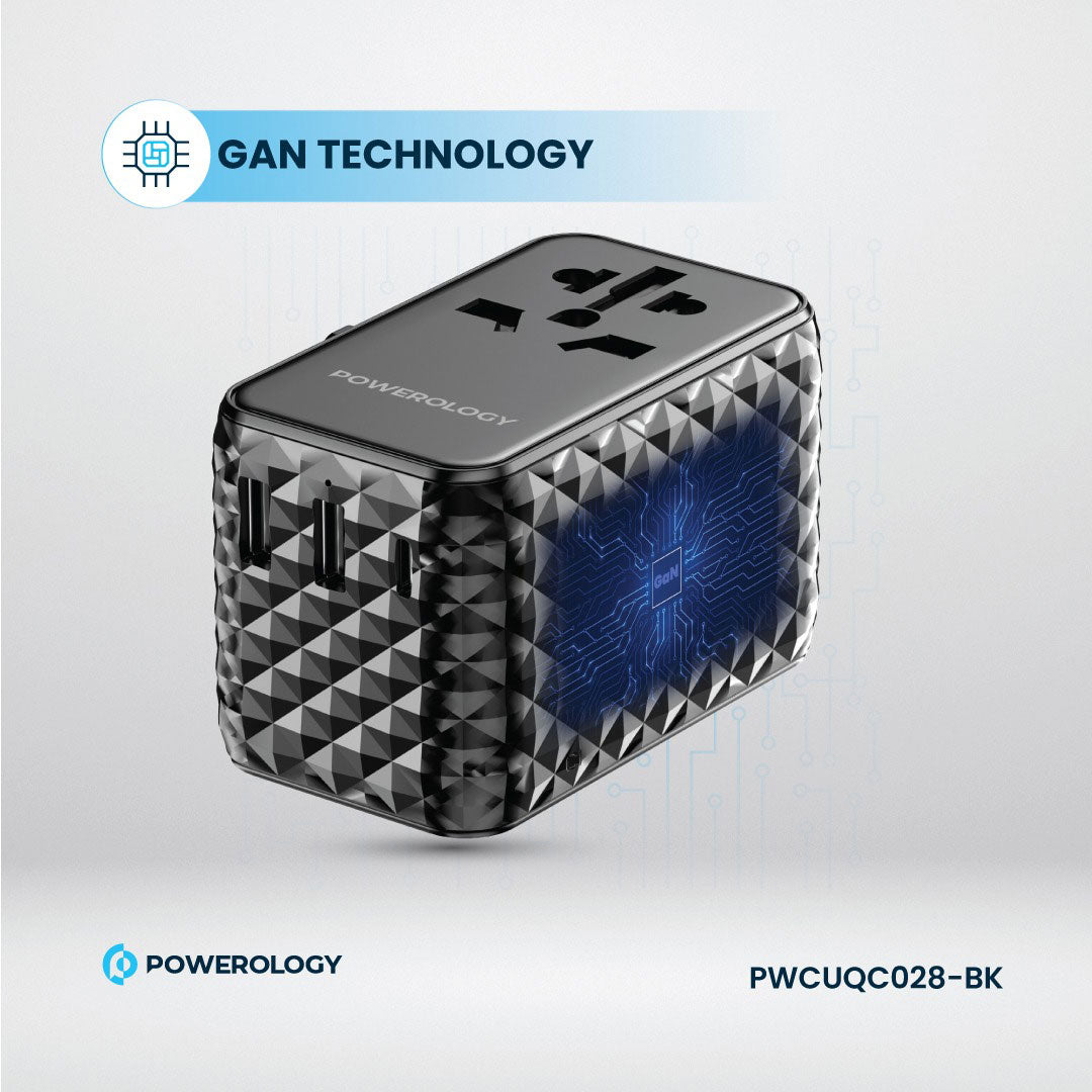 Powerology GaN 20W PD Universal Adapter Retractable Type-C Cable - PWCUQC028-BK - Black