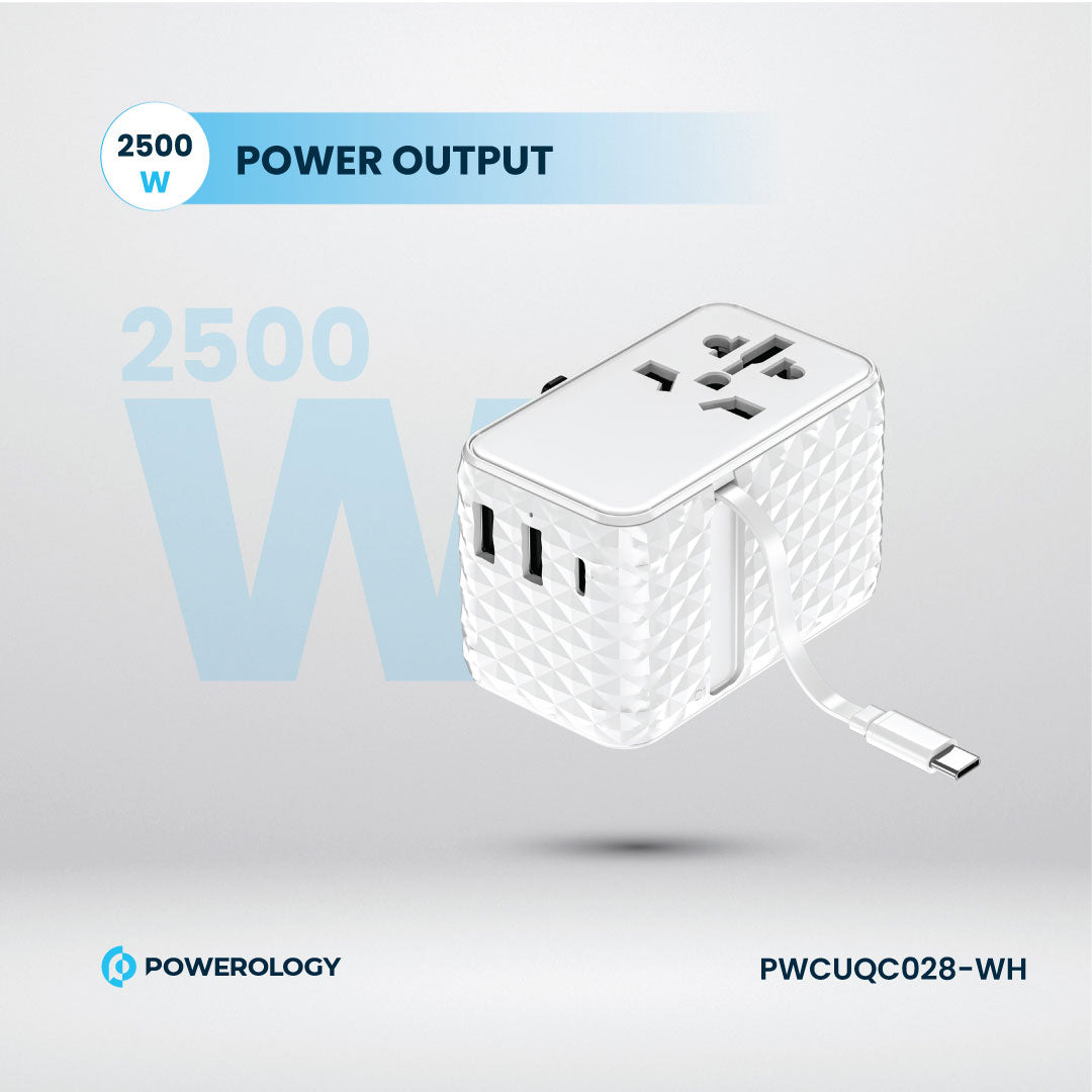 Powerology GaN 20W PD Universal Adapter Retractable Type-C Cable - PWCUQC028-WH - White