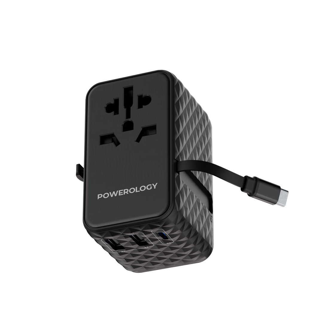 Powerology GaN 20W PD Universal Adapter Retractable Type-C Cable - PWCUQC028-BK - Black